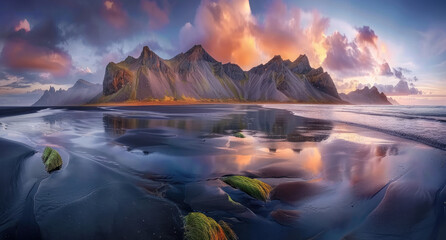 Wall Mural - panoramic view of black sand beach with green moss, majestic vestrahorn mountain in the background, colorful sky at sunset, Icelandic landscape