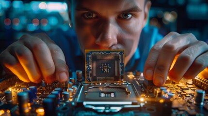 Poster - A man is holding a computer chip in his hand