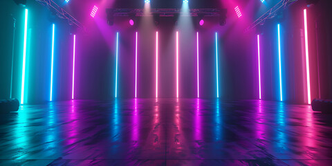 Wall Mural - Blue and Purple Neon Tube Lights in The empty dark room 3D Rendering Illustration bachground