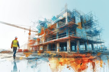 2d illustration digital building construction engineering with double exposure graphic design, architect or construction workers with civil equipment technology  background, AI-generated