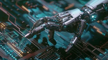 Poster - A robotic hand is touching a computer chip