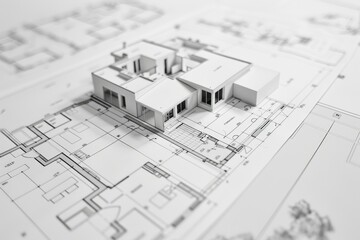 Poster - Black and white image showcasing a detailed architectural model next to its floor plans