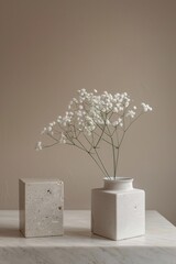 Wall Mural - Minimalist Interior Decor: Two Marble Boxes and a Vase of Dried Flowers