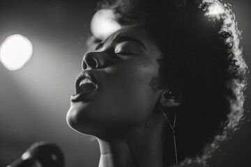 Poster - Despite the face being obscured, the image captures a singer performing illuminated by a stage light