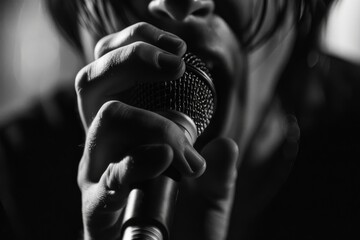 Fototapete - A tight shot focusing on a person holding a microphone with a blurred background