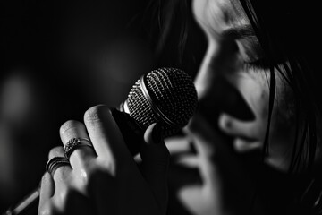 Fototapete - An intense moment where a singer is holding a microphone, partially lit by stage lights