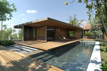 3d rendering of an elegant villa with swimming pool and garden in a serene natural setting