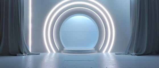 3d rendering. Futuristic empty stage with glowing neon circles.