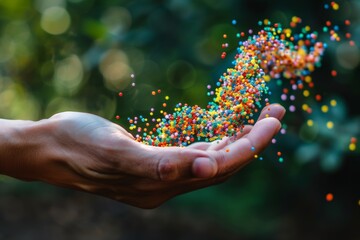 Poster - Colorful particle DNA helix held in hand, natural background, vibrant scientific illustration