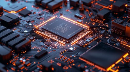 Poster - A computer chip is lit up in orange