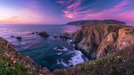 Wall Mural - Panoramic view of a cliff overlooking the ocean at twilight