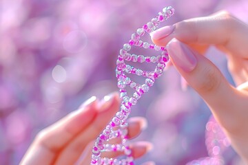 Poster - Pink beaded DNA strand held in hand, pink background, intricate molecular structure, scientific illustration