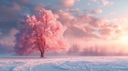 Wall Mural - winter scene with the sky in soft fluffy hues of pink and blue