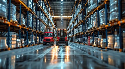 Wall Mural - A busy warehouse with forklifts and workers, symbolizing efficient logistics operations.