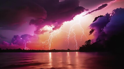 Wall Mural - The dark silhouette of the Catatumbo River is transformed into a dazzling light show by the continuous strikes of lightning.