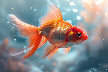 A vibrant goldfish swims gracefully through clear, sparkling water, its scales shimmering in the sunlight.