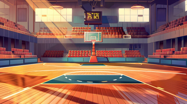 Basketball court with hoop, tribune and scoreboard. Vector cartoon illustration of empty school gym, sport ground with wooden floor, fan seats for game tournament and competition