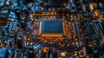 Poster - A close up of a computer chip with a yellow glow