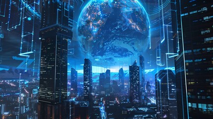 Wall Mural - A breathtaking panoramic vista of a futuristic metropolis at night. Towering skyscrapers made of glass and metal pierce the dark blue sky, their windows ablaze with vibrant electric blue light. A