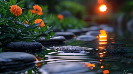 Wall Mural - zen garden at sunrise with stones and plants bathed in soft liquid hues