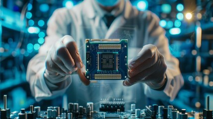 Poster - A man is holding a computer chip in his gloved hand