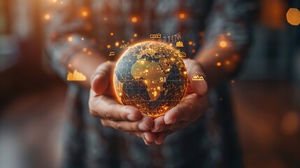 An image of a hand holding a globe with currency symbols, representing global finance.