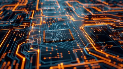 Poster - A computer chip with a blue background and orange lines