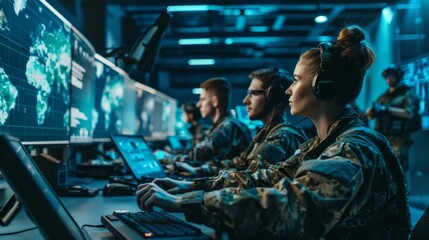 Aufkleber - A group of people in military uniforms are working on a computer
