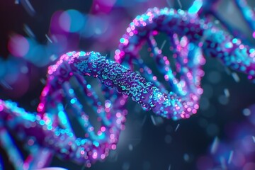 Sticker - Glowing pink and blue DNA strands floating in a vibrant, particle filled environment, representing cutting edge genetic research and biotechnological advancements