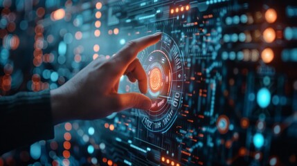 Poster - A hand is pointing at a glowing circle on a computer screen