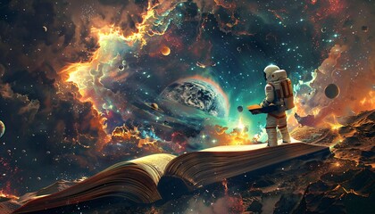 Wall Mural - Exploring the Cosmos: An Astronaut's Journey through a Galaxy of Books