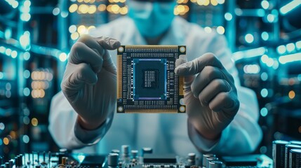 Poster - A man is holding a computer chip in his gloved hand