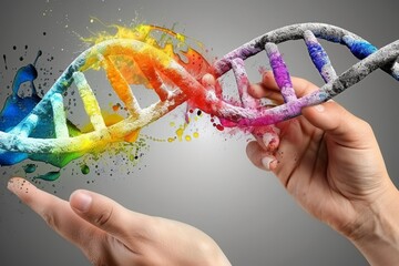 Sticker - Colorful depiction of a hand holding a rainbow DNA helix made of crayon like textures, highlighting creativity and innovation in genetic research and artistic expression