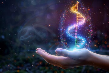 Sticker - Mystical image of a hand holding a glowing DNA helix in a dark, starry environment, symbolizing the fusion of genetic science and cosmic mystery