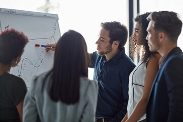 Poster - Group, people and kpi with chart, presentation in meeting, discussion or debrief in office. Collaboration, career and project management team in company, business or corporate for feedback or results