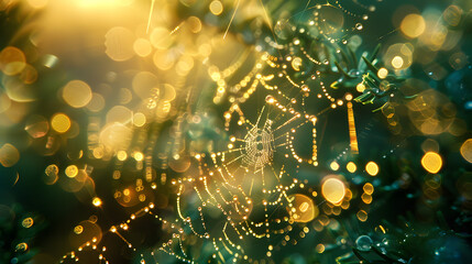 A spider web with many small dots in the background