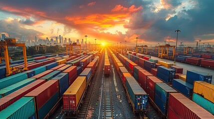 Wall Mural - A freight train unloading containers at a terminal.