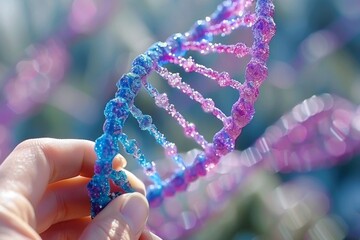 Sticker - Vibrant close up of a hand holding a multicolored DNA strand against a blurred background, highlighting the diversity and creativity in genetic engineering