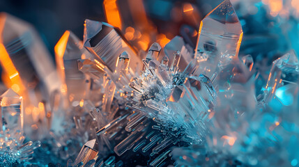 A close up of a crystal formation with a blue background