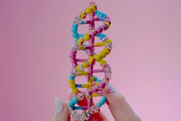 Wall Mural - Hand holding a colorful, beaded DNA helix against a pastel pink background, representing the vibrant and creative nature of genetic science