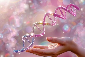 Sticker - Hand holding a sparkling, pink DNA helix in a dreamy, pastel colored setting, representing the delicate and intricate nature of genetic science