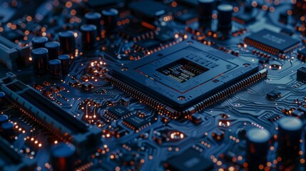 Poster - A close up of a computer chip with a blue background