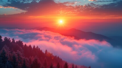 Wall Mural - Bright saturated colors dawn above the sea of fog over