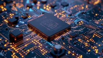 Poster - A close up of a computer chip with a bright orange glow