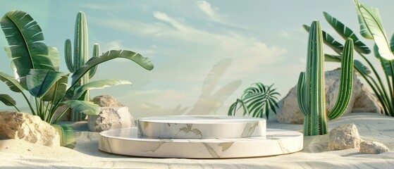 3d rendering of a podium with banana tree and cactus in the background