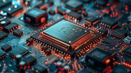 Poster - A close up of a computer chip with a lot of red and black