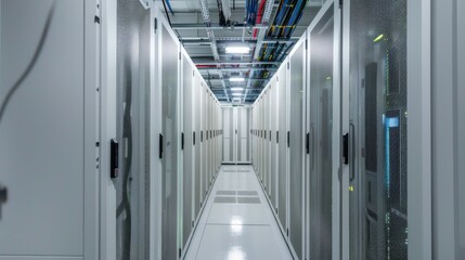 Aufkleber - A long hallway with many white cabinets and a lot of wires