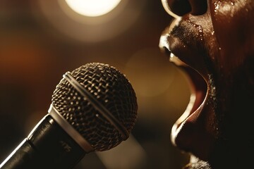 Poster - The photo captures a singer's mouth closely while belting out a song, setting an immersive musical scene
