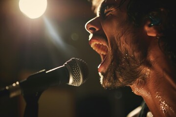 Poster - A musician is captured mid-performance with the spotlight highlighting them and the microphone