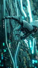 Poster - A robot is reaching out to touch a wall of circuitry